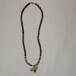 Vintage Surf Brown and White Beaded Necklace with Shark Tooth Pendant 20 Inches